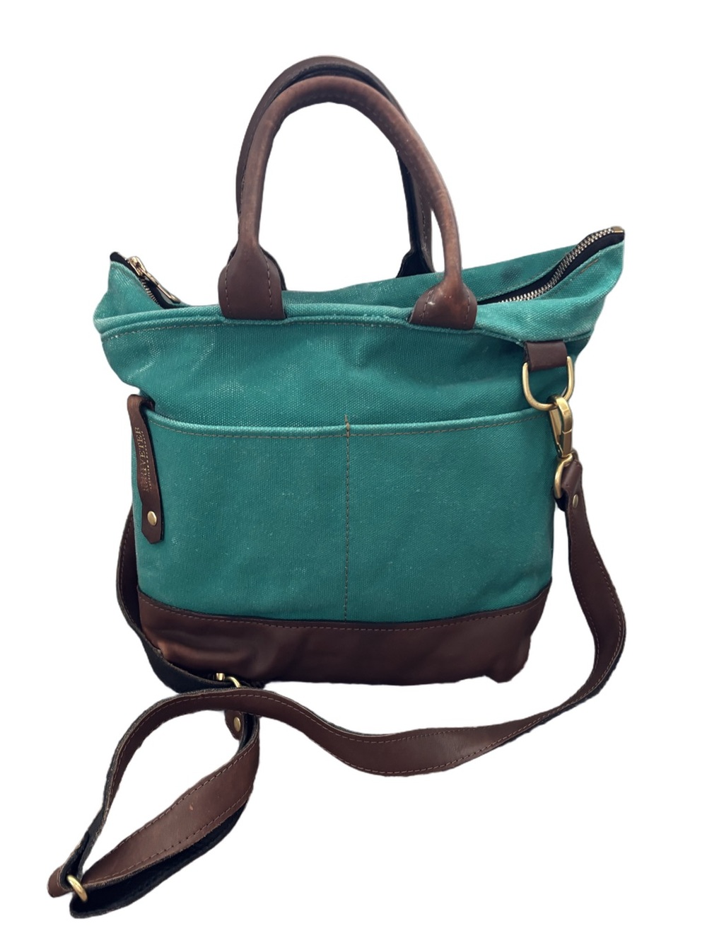 r. Riveter Otto Crossbody Tote - teal blue/green washed canvas and brown leather